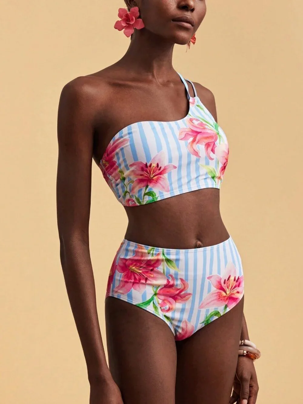 Multicolor Casual Floral Striped Women's bikini Set